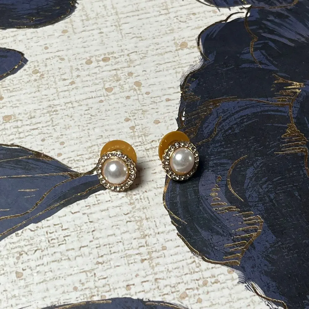 MONET Vintage Gold Tone CZ & Faux Pearl Petite Earrings